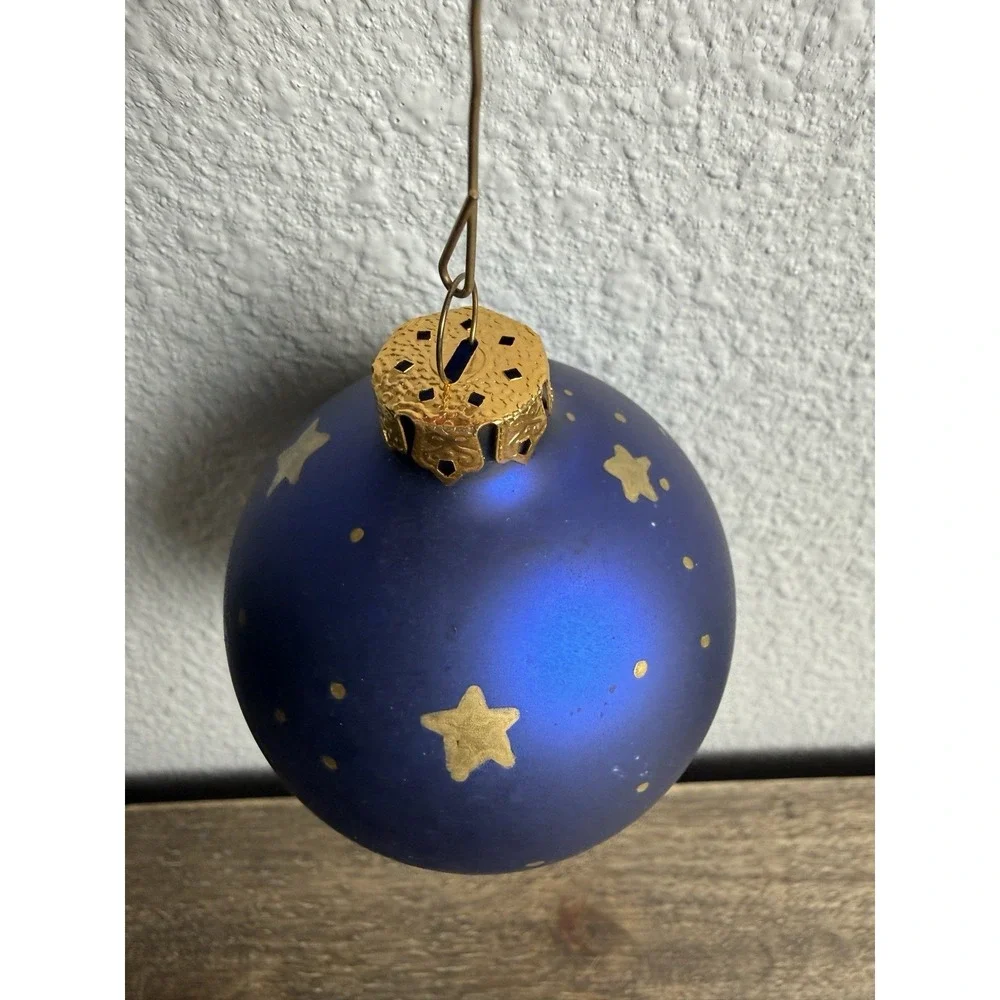 Signed Celestial Moon Stars Hand Painted Blue Glass Ornament Vintage 1993 Studio
